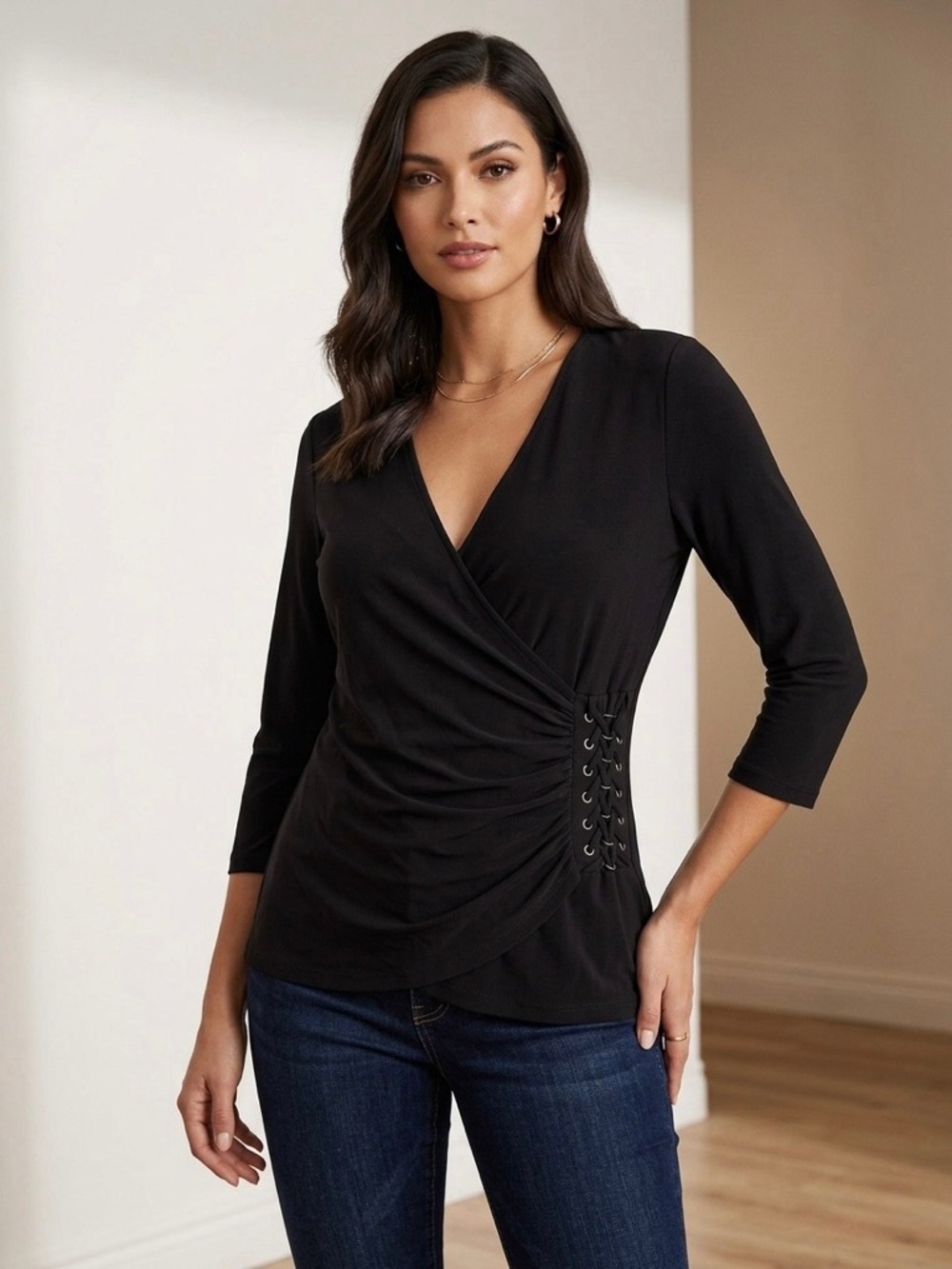 Jennifer Lopez Black Wrap-Front 3/4 Sleeve Top